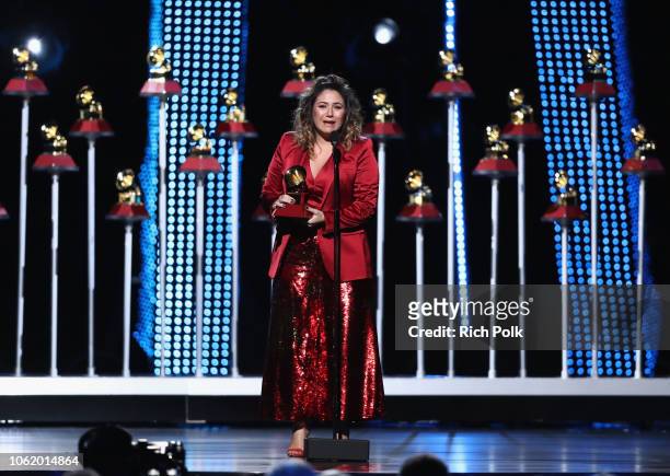 Maria Rita accepts the award for Best Samba/Pagode Album onstage at the Premiere Ceremony during the 19th Annual Latin GRAMMY Awards at MGM Grand...