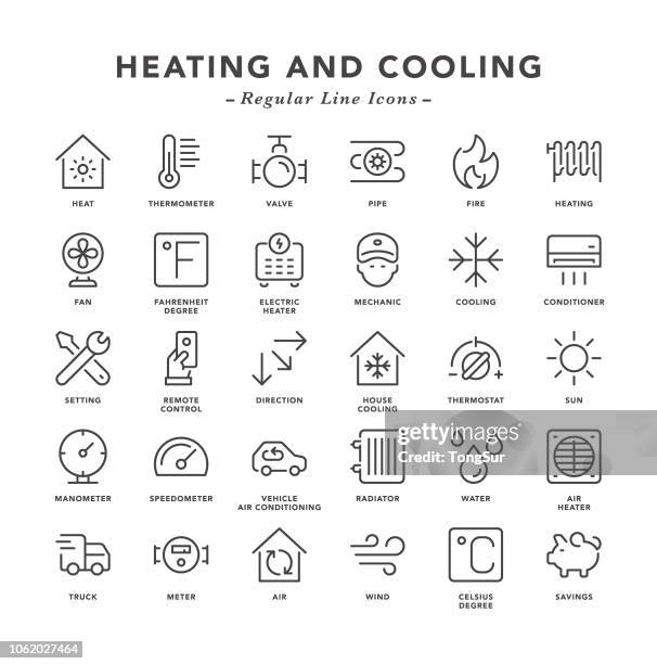 ilustraciones, imágenes clip art, dibujos animados e iconos de stock de calefacción y refrigeración - los iconos de línea regular - pressure gauge