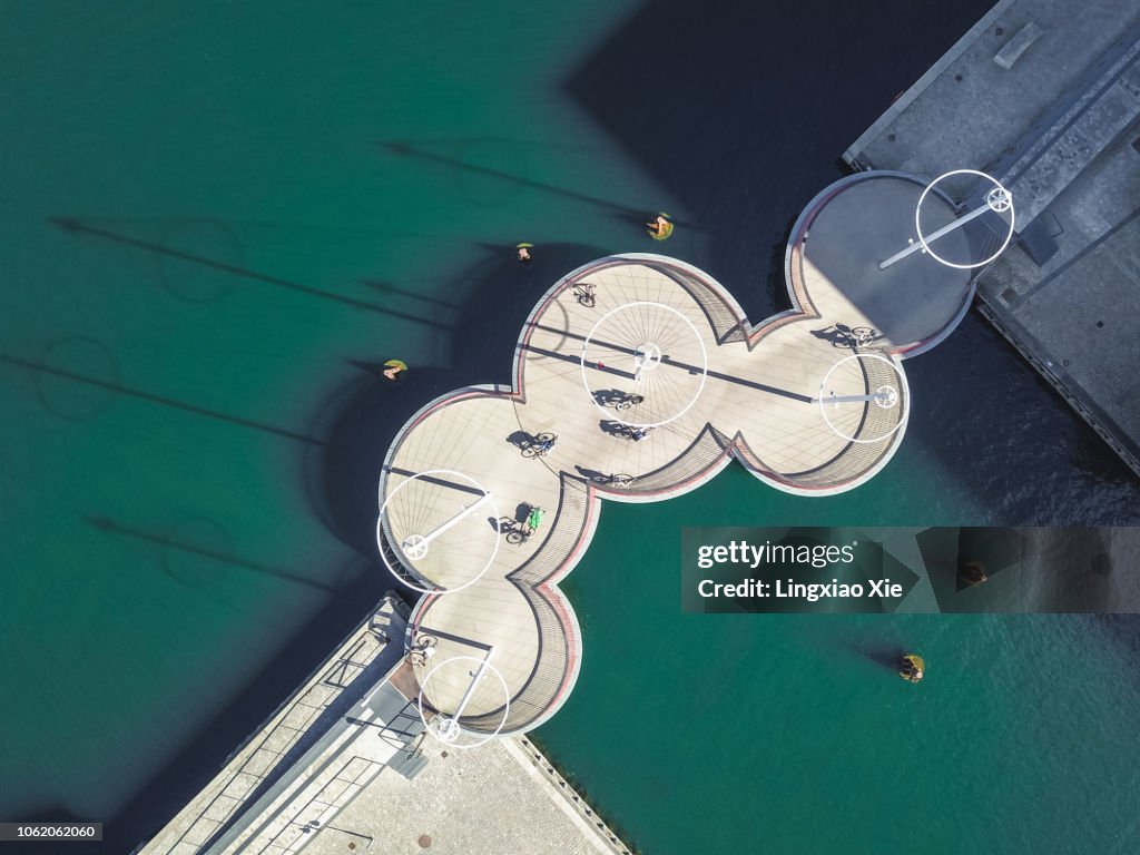 Aerial drone view of The Circle Bridge (Cirkelbroen) on the Inner Harbor of Copenhagen, Denmark. Taken by drone from straight above.