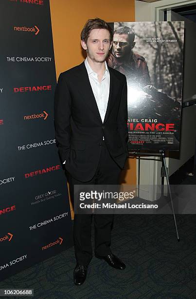 Actor Jamie Bell attends the Cinema Society and Nextbook screening of "Defiance" at the Landmark's Sunshine Cinema on January 12, 2009 in New York...