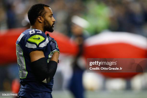 Doug Baldwin of the Seattle Seahawks before the game against the Green Bay Packers at CenturyLink Field on November 15, 2018 in Seattle, Washington.