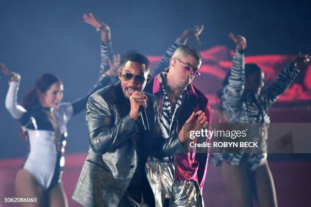 Actor and rapper Will Smith and Puerto Rican singer Bad Bunny perform during the 19th Annual Latin Grammy Awards in Las Vegas, Nevada, on November...