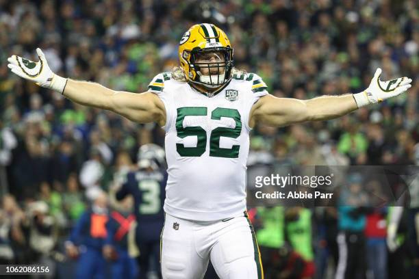 Clay Matthews of the Green Bay Packers celebrates in the first quarter against the Seattle Seahawks at CenturyLink Field on November 15, 2018 in...