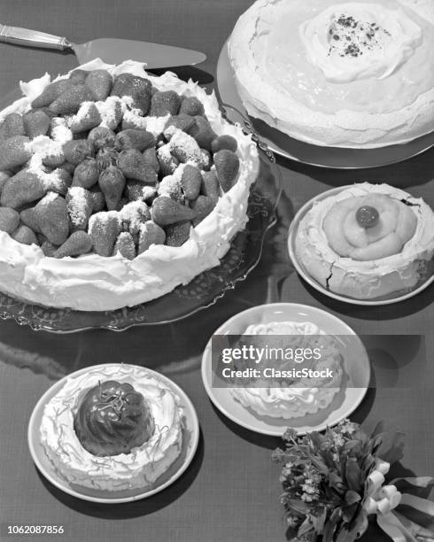 1960s DESSERTS INDIVIDUAL CAKES AND PIES STRAWBERRY MERINGUES SWEETS