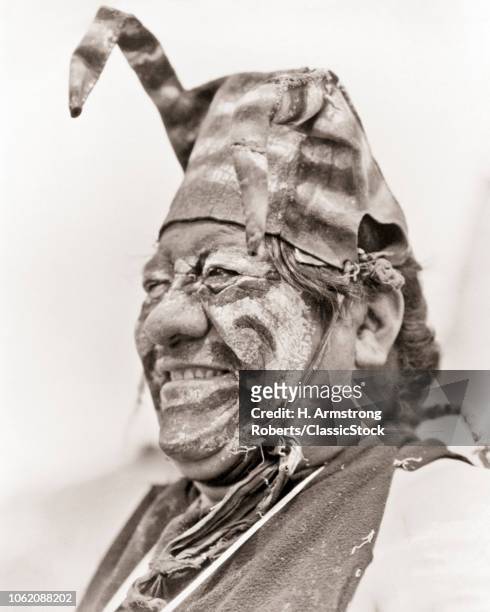 1930s HEAD CLOWN COCHARE KOSHARE IN COSTUME MAKEUP SAN ILDEFONSO PUEBLO NEW MEXICO