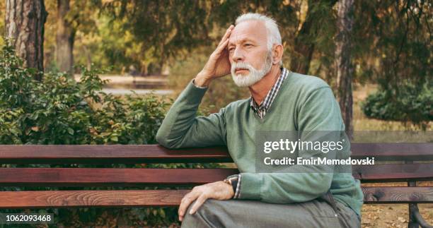 senior man sitting on bench in the park - park bench stock pictures, royalty-free photos & images