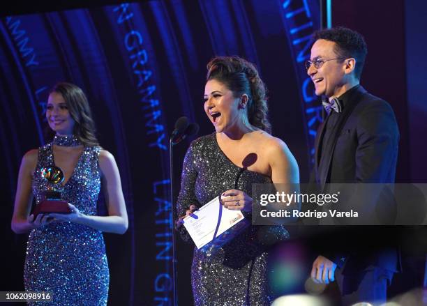 Maria Rita and Fonseca speak onstage during the 19th annual Latin GRAMMY Awards at MGM Grand Garden Arena on November 15, 2018 in Las Vegas, Nevada.