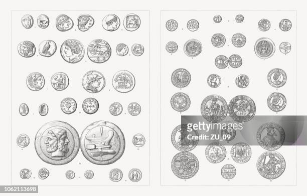 coins (antiquity - 17th century), wood engravings, published in 1897 - ancient roman coin stock illustrations