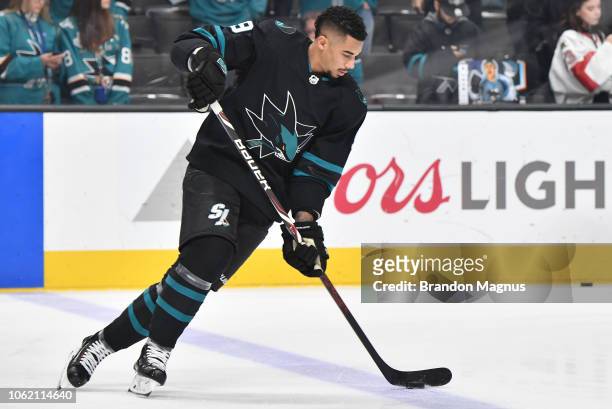 Evander Kane of the San Jose Sharks skates during warmups before the game against the Toronto Maple Leafs at SAP Center on November 15, 2018 in San...