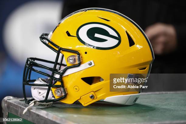Green Bay Packer helmet on the sideline before the game against the Seattle Seahawks at CenturyLink Field on November 15, 2018 in Seattle, Washington.