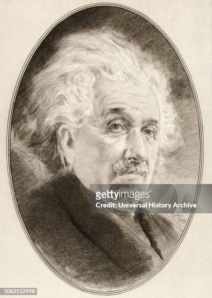 Albert Einstein, 1879 - 1955 German-born theoretical physicist who developed the theory of relativity Illustration by Gordon Ross, American artist...