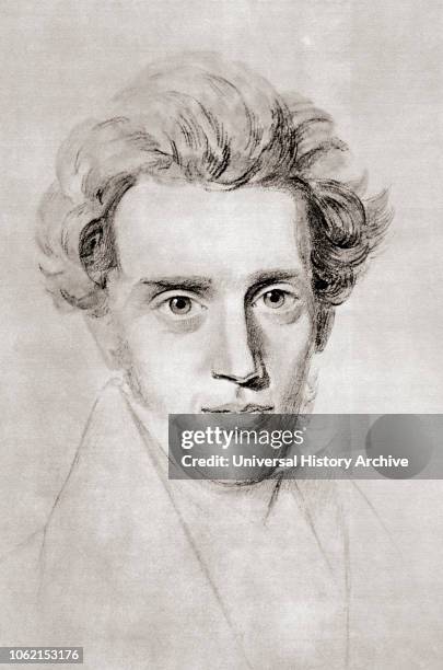 Soren Aabye Kierkegaard, 1813 - 1855 Danish philosopher, theologian, poet, social critic and religious author After a contemporary print.