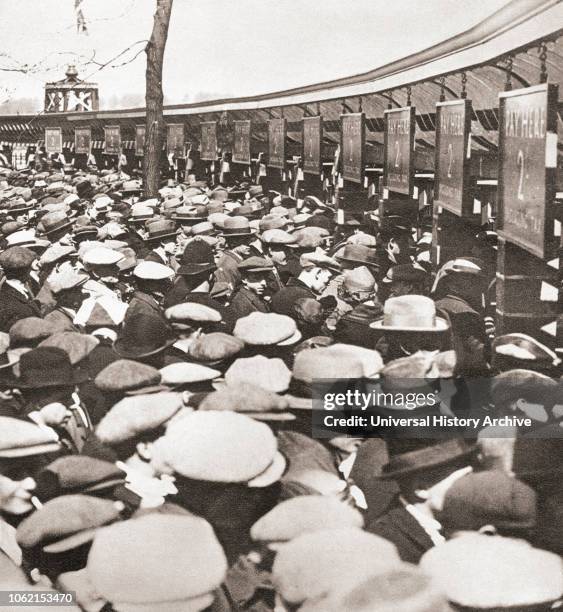 Crowds of people trying to get into Wembley Stadium for the first ever FA Cup Final in 1923 between Bolton Wanderers and West Ham United A crowd of...