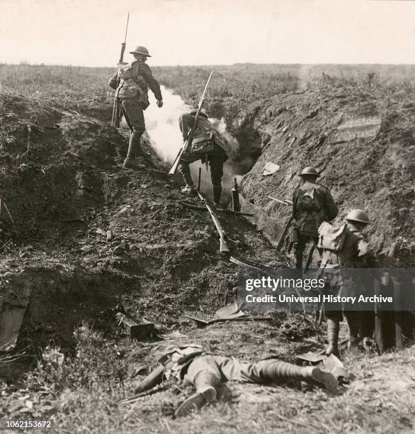 Stereoview WW1, The Great War Realistic Travels Military photographs circa 1918 Bombing the Germans out of their deep dugouts at Martinpuich during...