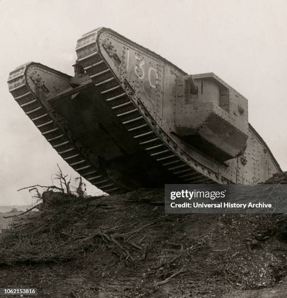 Stereoview WW1, The Great War Realistic Travels Military photographs circa 1918 British Monster tanks break down the belts of barbaric wire...