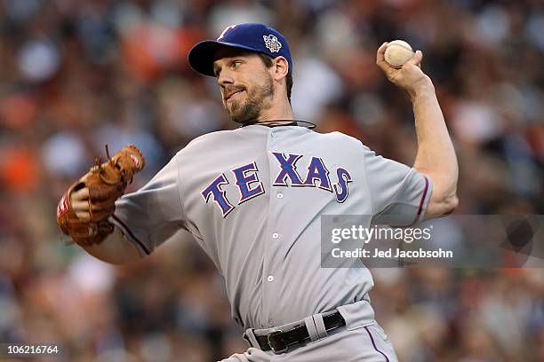 Cliff Lee of the Texas Rangers pitches against the San Francisco Giants in Game One of the 2010 MLB World Series at AT&T Park on October 27, 2010 in...