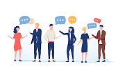 Vector illustration flat style, businessmen discuss social network group of people, news social networks, meeting chat