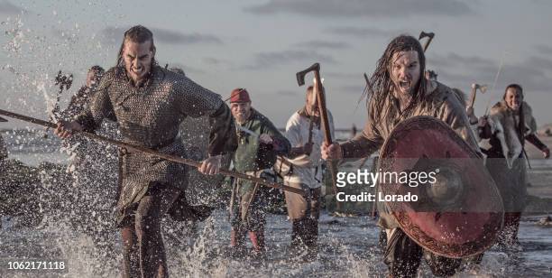 ein hort der waffe schwingt wikinger-krieger kämpfen in einem schlachtfeld-szene im meer - mêlée stock-fotos und bilder