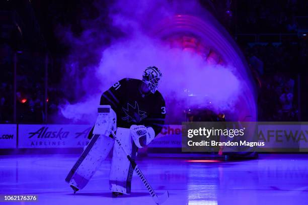 Martin Jones of the San Jose Sharks takes the ice before the game against the Toronto Maple Leafs at SAP Center on November 15, 2018 in San Jose,...