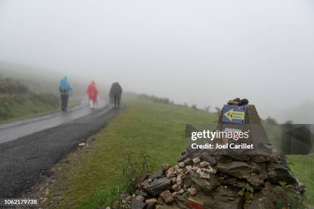 senderismo en niebla en el camino de santiago - peregrino fotografías e imágenes de stock