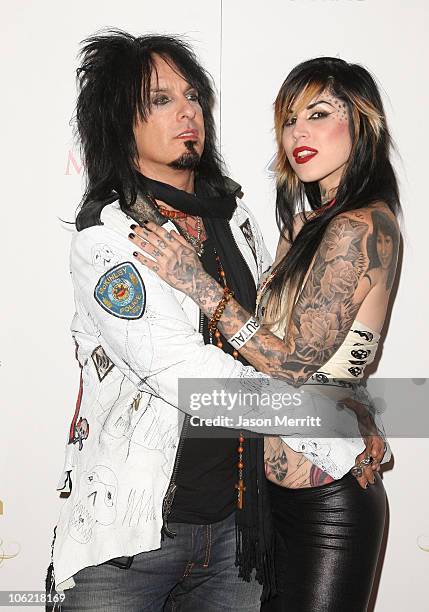 Musician Nikki Sixx and TV personality Kat Von D pose during Maxim's 2008 Hot 100 Party at Paramount Studios on May 21, 2008 in Los Angeles,...