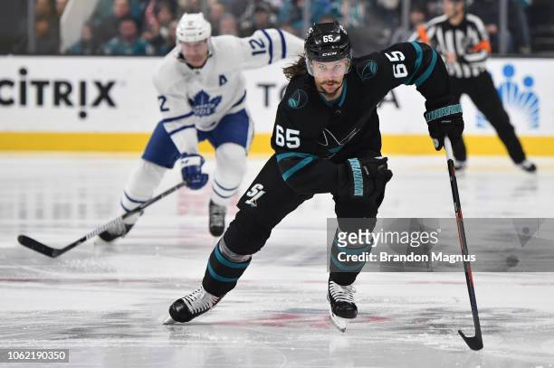 Erik Karlsson of the San Jose Sharks skates ahead against the Toronto Maple Leafs at SAP Center on November 15, 2018 in San Jose, California
