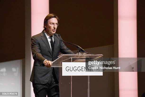 Pietro Beccari speaks onstage during the Guggenheim International Gala Dinner made possible by Dior at Solomon R. Guggenheim Museum on November 15,...