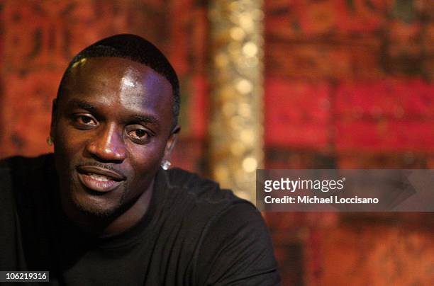 Singer Akon addresses the press in a press conference to announce a musical and social action collaboration with Peter Buffett on June 11, 2008 at...