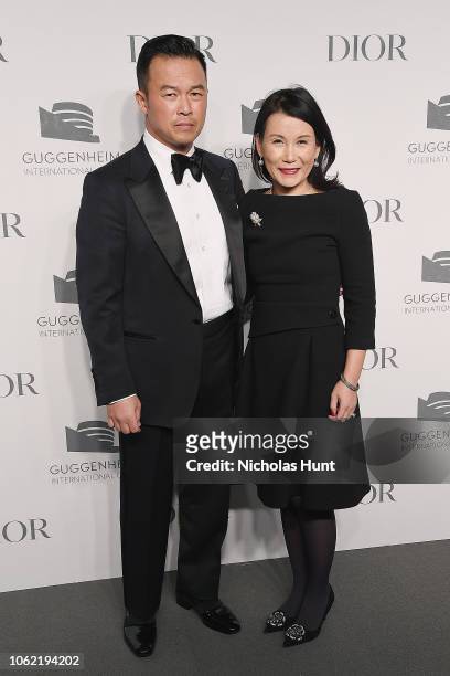 Jae Chung and Tina Kim attend the Guggenheim International Gala Dinner made possible by Dior at Solomon R. Guggenheim Museum on November 15, 2018 in...