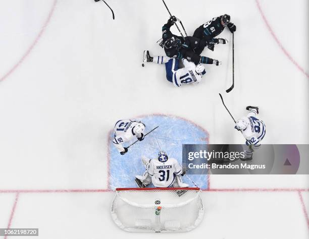 An overhead view as Frederik Andersen of the Toronto Maple Leafs defends the net against the San Jose Sharks at SAP Center on November 15, 2018 in...