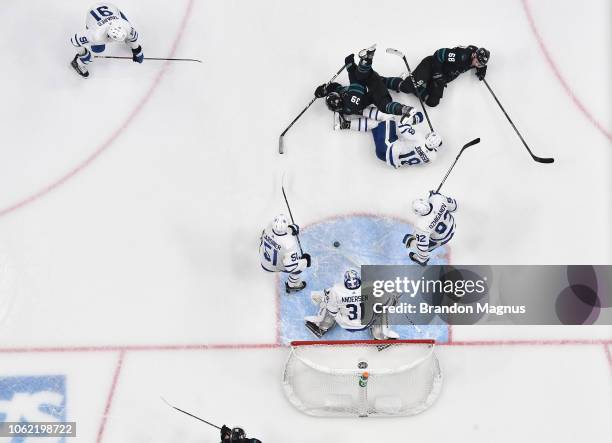 An overhead view as Frederik Andersen of the Toronto Maple Leafs defends the net against the San Jose Sharks at SAP Center on November 15, 2018 in...