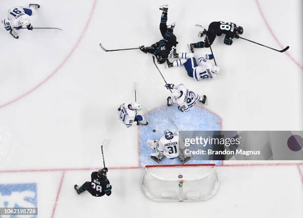 An overhead view as Frederik Andersen of the Toronto Maple Leafs defends the net against the San Jose Sharks at SAP Center on November 15, 2018 in...