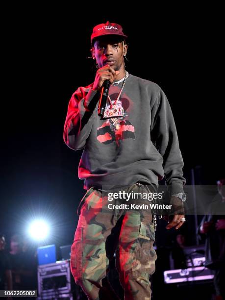 Travis Scott performs onstage during "Mac Miller: A Celebration Of Life" Concert Benefiting The Launch Of The Mac Miller Circles Fund at The Greek...