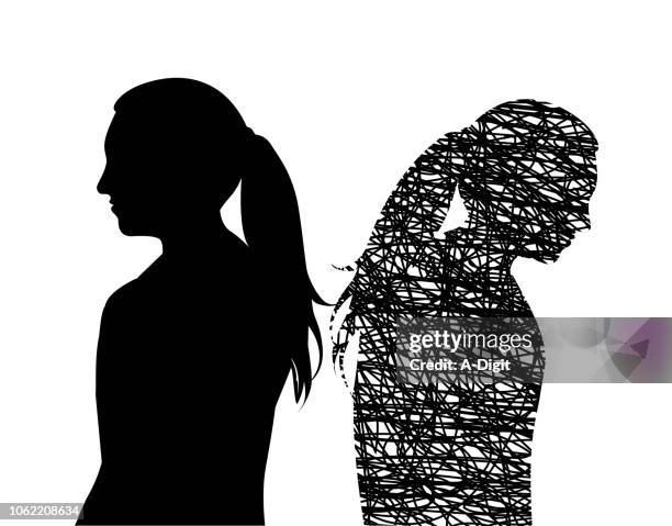 ilustrações de stock, clip art, desenhos animados e ícones de happy and sad young woman - autoimagem