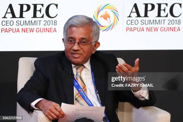 Vice-President of Private Sector and Cofinancing Operations of Asian Development Bank Diwakar Gupta gestures during the APEC CEO Summit in Port...