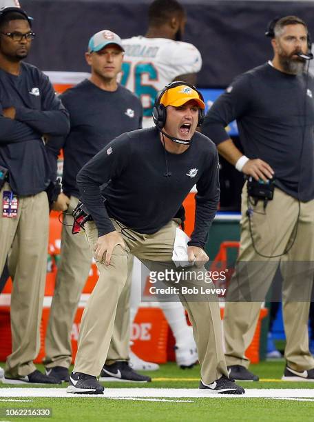 Head coach Adam Gase of the Miami Dolphins yells out instructions against the Houston Texans at NRG Stadium on October 25, 2018 in Houston, Texas.