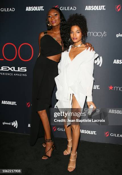 Dominique Jackson and Indya Moore attend Out Magazine's OUT100 Awards Celebration Presented By Lexus at Quixote Studios on November 15, 2018 in Los...
