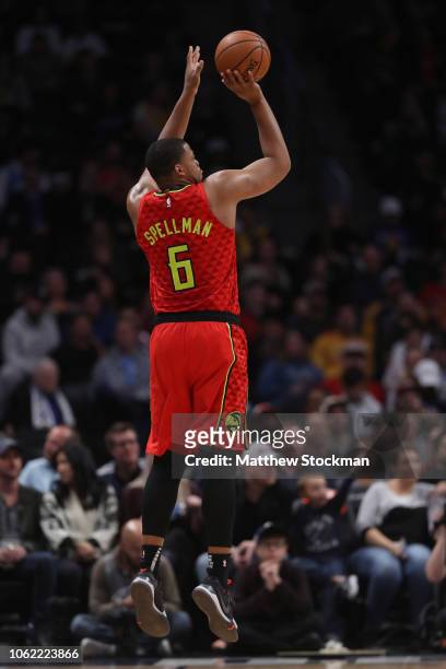 Omari Spellman of the Atlanta Hawks puts up a shot against the Denver Nuggets at the Pepsi Center on November 15, 2018 in Denver, Colorado. NOTE TO...