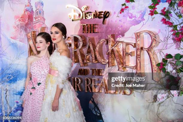 Mackenzie Foy and Keira Knightley attend the European Premiere of Disney's 'The Nutcracker' at Vue Westfield on November 01, 2018 in London, England.