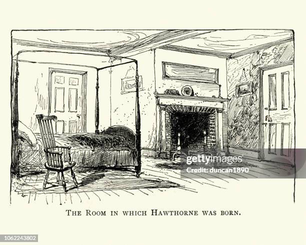 room where nathaniel hawthorne was born, salem, 19th century - four poster bed stock illustrations