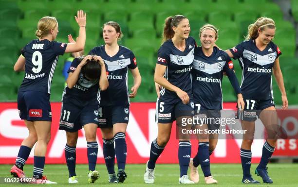 Natasha Dowie of the Victory and her teammates celebrate after Elise Kellond-Knight of City scored an own goal during the round three W-League match...