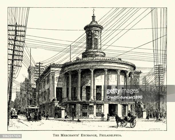 merchants exchange building, philadelphia, 19th century - historic stock exchange building stock illustrations