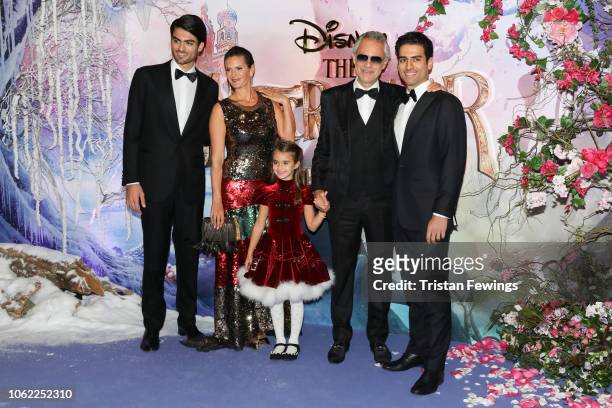 Matteo Bocelli, Veronica Berti, Virginia Bocelli, Andrea Bocelli and Amos Bocelli attend the European Premiere of Disney's 'The Nutcracker' at Vue...