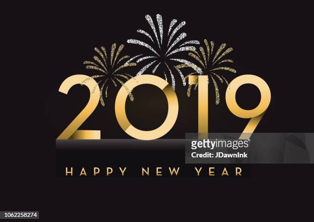 glückliches neujahr 2019 grußkarte banner-design in gold und glitzer mit text - new year 2019 stock-grafiken, -clipart, -cartoons und -symbole
