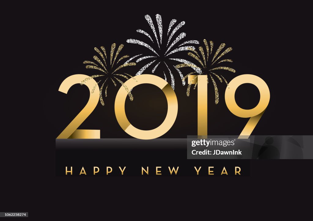 Happy New Year 2019 greeting card banner design in gold and glitter with text