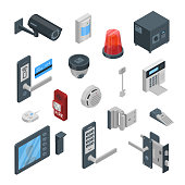 Home security systems vector 3d isometric icons and design elements. Smart technologies, safety house, control concept.