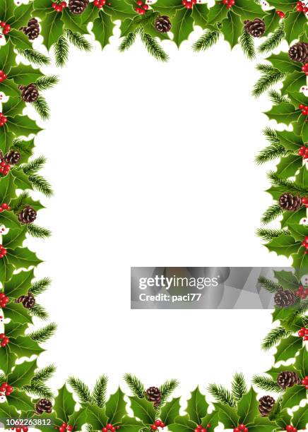 christmas holly frame with pine branches - christmas border stock illustrations