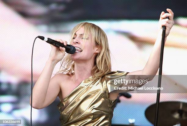 Emily Haines of Metric performs on stage during 2008 All Points West music and arts festival at Liberty State Park on August 9, 2008 in Jersey City,...