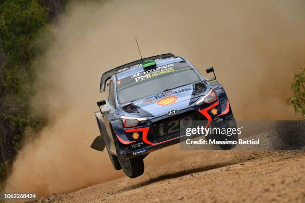 Hayden Paddon of New Zealand and Sebastian Marshall of Great Britain compete in their Hyundai Shell Mobis WRT Hyundai i20 Coupe WRC during Day One of...