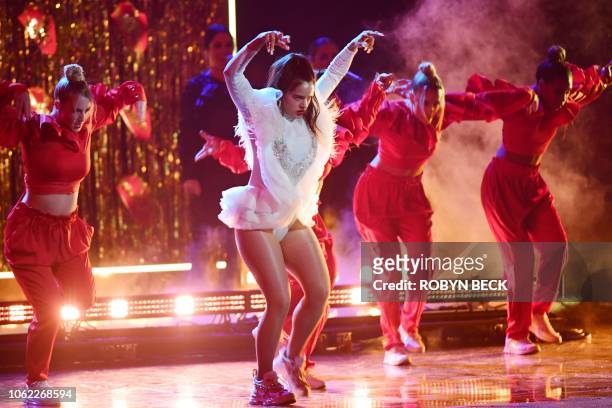 Spanish singer Rosalia performs on stage at the 2018 Latin Grammy Awards in Las Vegas, Nevada, on November 15, 2018.